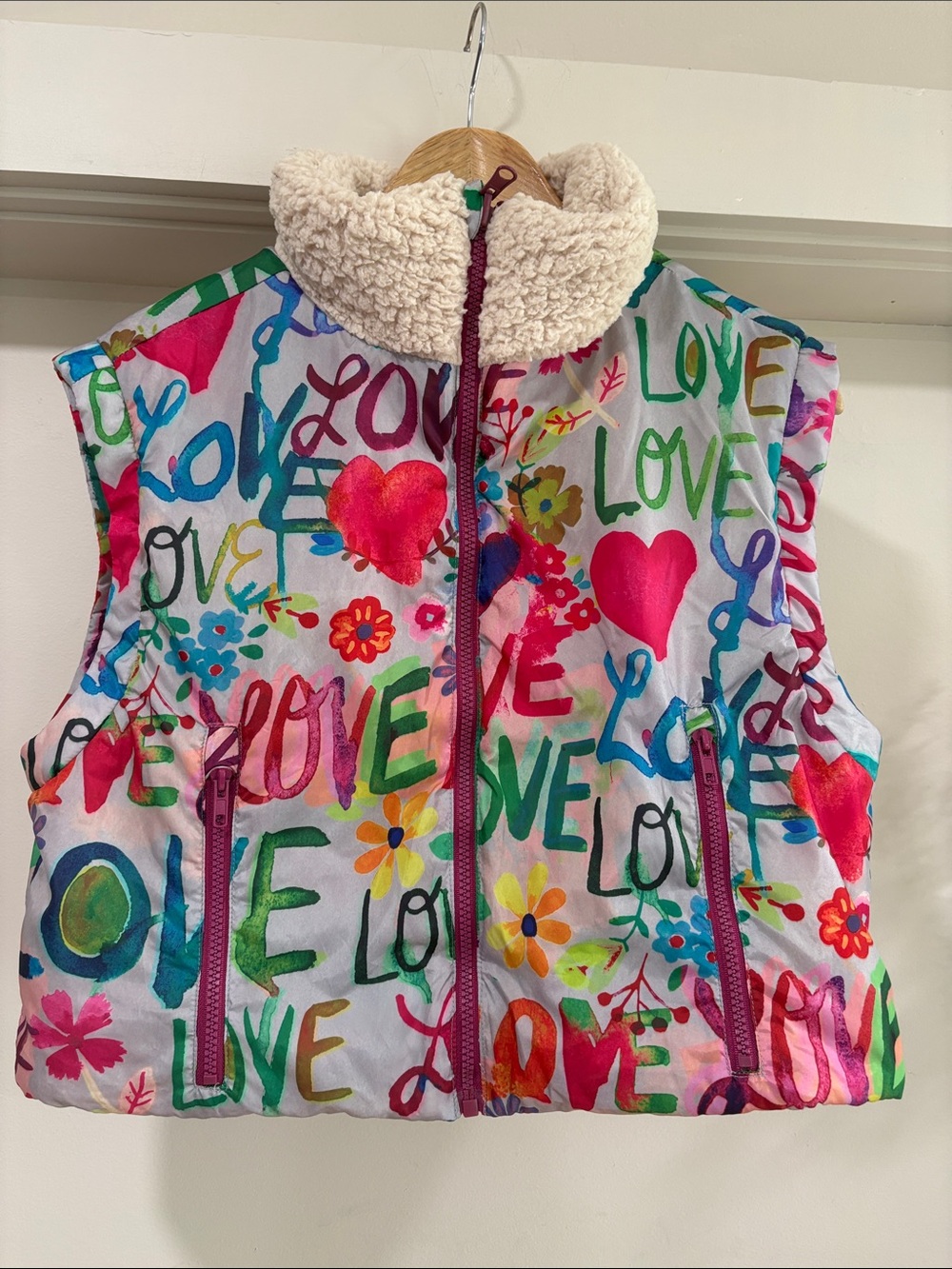 Natural Life Reversible Love Graffiti Sherpa Puffer Vest, Size S, NWT